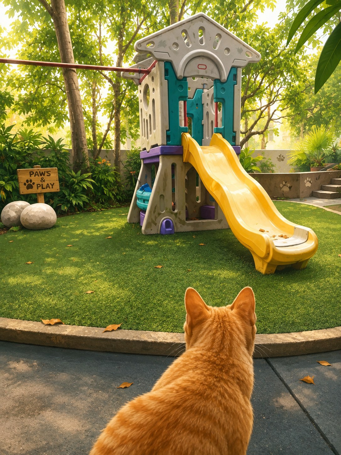 Cyrus looking toward a slide